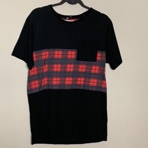 On the Byas Black Red Plaid Pocket Front Tee Size Large